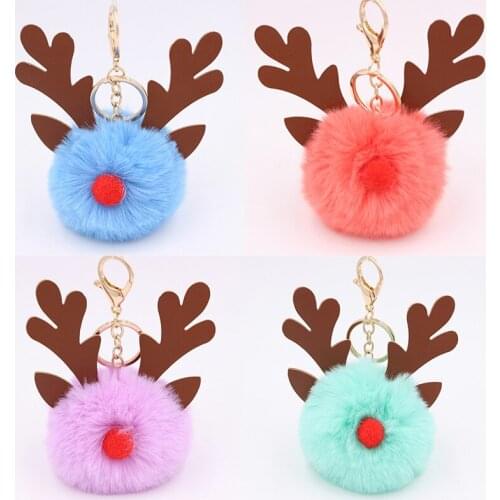 Christmas Gift Pendant Plush Elk Keychain Women Cute Imitation Fur Ball Antlers Bag Key Ring Christmas Tree Decoration