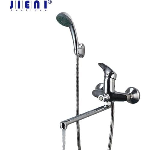 JIENI Wall Mounted Chrome Brass Bathroom Shower Faucet 350mm Long Spout Bath Mixer Tap W/ Hand Shower Mixer Shower Bathtub Set