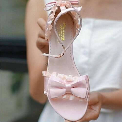 New Summer Lolita Sandals Ribbon Buckle Flowers Loli Shoes Bow Female Cute Sweet Japanese Harajuku Kawaii Chunky Shoe Pink Blue
