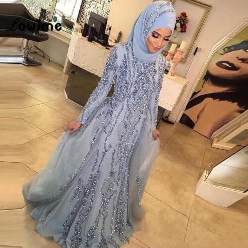 Silver Muslim Evening Dresses Mermaid Long Sleeves Tulle Crystals Islamic Dubai Saudi Arabic Long Formal Evening Gown Prom