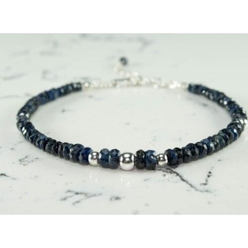Sapphire Silver Bracelet with Silver Bead, September Birth stone Bracelet, Dark Blue Sapphire Jewelry, Black Sapphire Bracelet