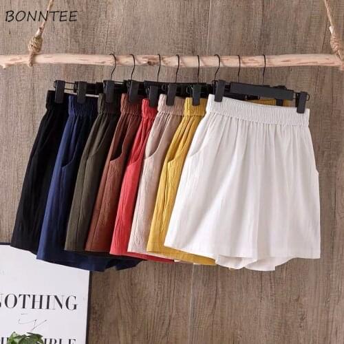 Shorts Women Solid Cotton-linen Korean Simple 8-Colors High-waist Spring Fashion Streetwear Casual Cute Friends Loose Harajuku