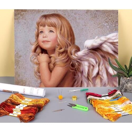 Angel Girl Printed Fabric 11CT Cross-Stitch DIY Embroidery Full Kit DMC Threads Handiwork Knitting Sewing Needlework Floss