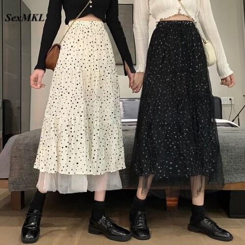 Vintage Polka Dot Long Pleated Skirts Women 2021 Fashion High Waist Casual Summer Skirt Korean Clothing Elegant Goth Black Skirt