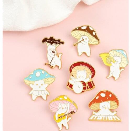 XEDZ Cute Cat Enamel Brooch Mushroom Guitar Set Drum Hasas Microphone Piano Music Animal Badge Lapel Pins Jewelry Gift for Kids