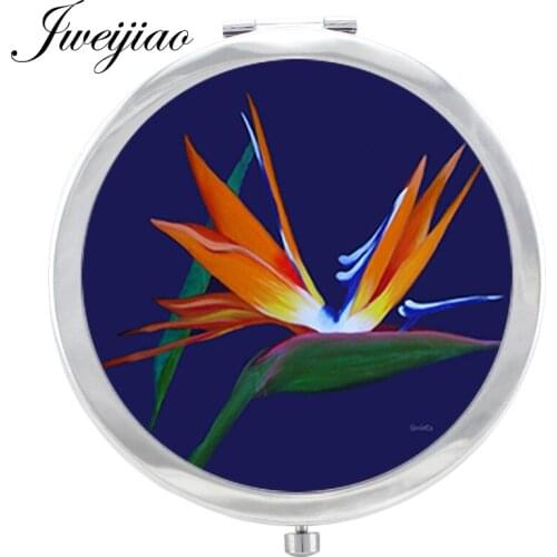 JWEIJIAO The Bird of Paradise Flower Makeup Mirror Photo in Glass Cabochon Floding Round compact Hand pocket Mirror espejo