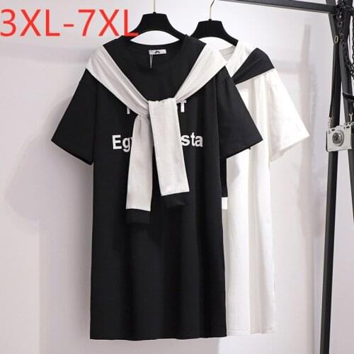 New 2021 summer plus size tops for women large loose casual short sleeve black white cotton bow long T-shirt 3XL 4XL 5XL 6XL 7XL