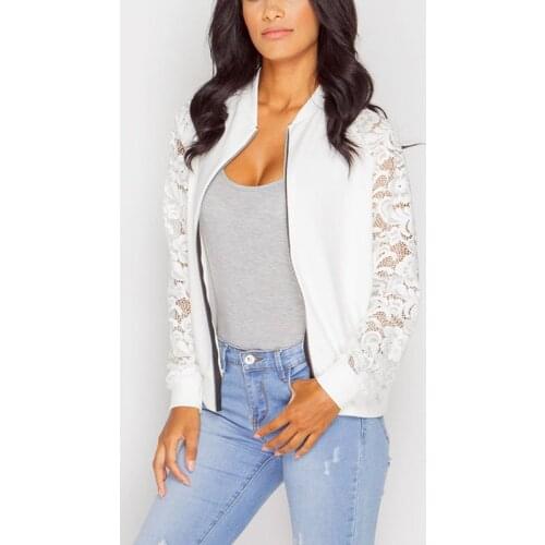 Lace Sleeve Women Basic Coats Long Sleeve Lace Patchwork Transparent Zipper Casual Slim Jacket Coat Bomber Jacket Outwear