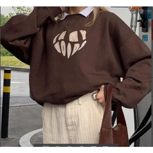 Womens Casual Hoodie Letter Print Long Sleeve Stylish Round Neck Pullover Autumn Ladies Loose Casual Sweatshirt Blouse Top