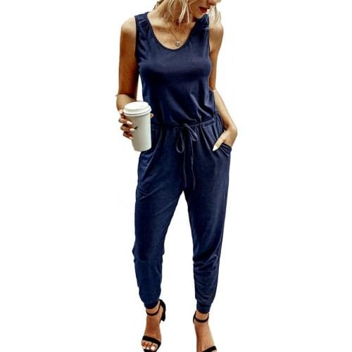 Womens Jumpsuits 2021 Summer Plus Size Solid Color Women Sleeveless Round Neck Waist Straps Jumpsuit Long Pants Romper