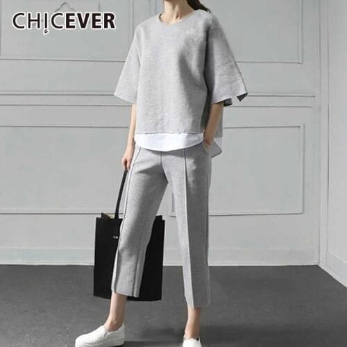 CHICEVER Autumn Two Pieces Set Women Suit Patchwork Hem Top With Elastic Waist Plus Size Calf Length Pants Female Clothes New