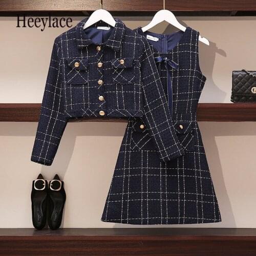 Plus Size Autumn Winter Fragrance Vintage 2 Piece Set Women Woolen Tweed Jacket Coat + BodyconDress Set Women Two Piece Outfits