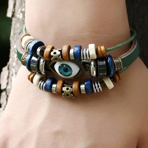 1pcs Handmade Eye Jewelry Unisex Leather Bracelet Wristband Blue eye bead leather bracelet Festival Souvenir Free Shipping