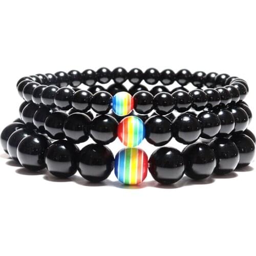 Noter LGBT Bracelet Men Women Natural 6mm/8mm/10mm Obsidian Braslet Stone Rainbow Beaded Charm Braclet Strand Brazalete Gift