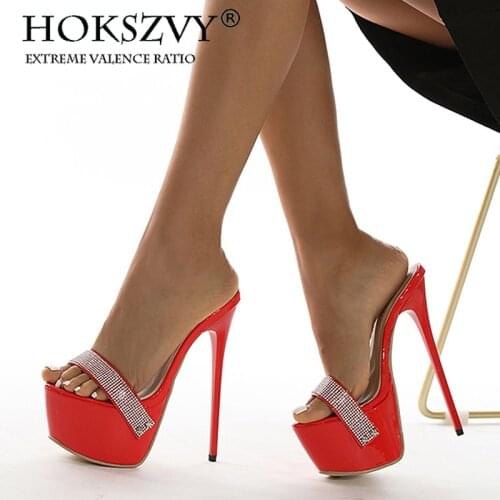HOKSZVY Sexy Platform Bling Ultra High Slippers Fashion Rhinestone High Heel Sandals Stiletto Strap Open Toe Shoes 35-42 JXQ