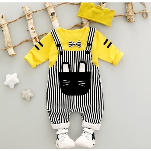Baby Clothing Set Spring New Childrens Suit Korean Cartoon Long Sleeved T-shirt + Stripe Strap Pants 2pcs Kids Clothes