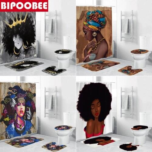 3D printing African Woman Shower Curtain Set Afro American Lady Bathroom Decor with Non-slip Rug Toilet Lid Cover Bath Mat