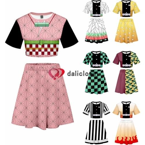 Demon Slayer Kimetsu no Yaiba Cosplay Costume Zenitsu Kamado Nezuko Uniform T Shirt Crop Top Skirt Anime Dress Sportswear