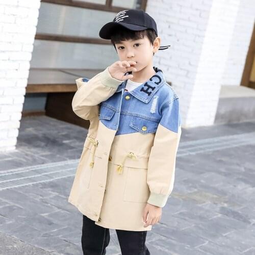 Boys Spring and Autumn Letters Printed Denim Splicing Jacket New Medium and Big Kids Casual Childrens Wear 6-12 Years Old