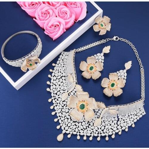 LARRAURI 4PCS Necklace Dangle Earrings Ring Luxury Nigerian Jewelry Sets for Women Flower CZ Dubai Wedding Jewelry Sets
