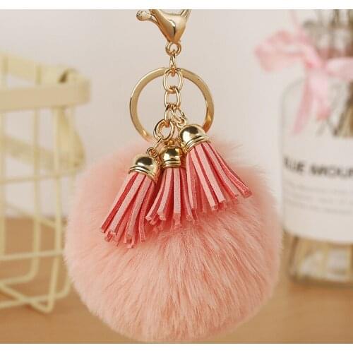 Fashion Keychain Leather Tassel Rabbit Fur Fluffy Key Chains for Handbags Ring Pompoms Trendy Women Bag Pendant Car Ornament