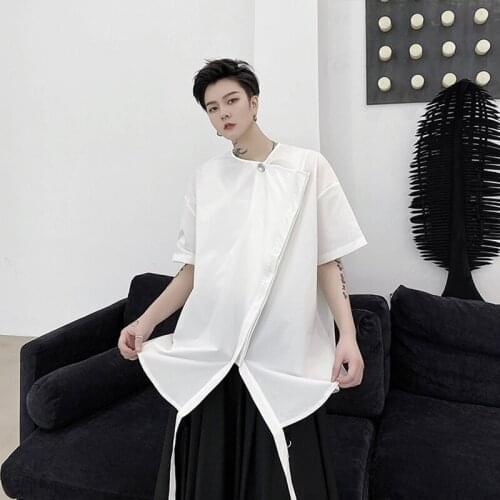 Short sleeve summer half sleeve fashion asymmetric clothes men hairstyle mens personality ribbon teacher T-shirt split