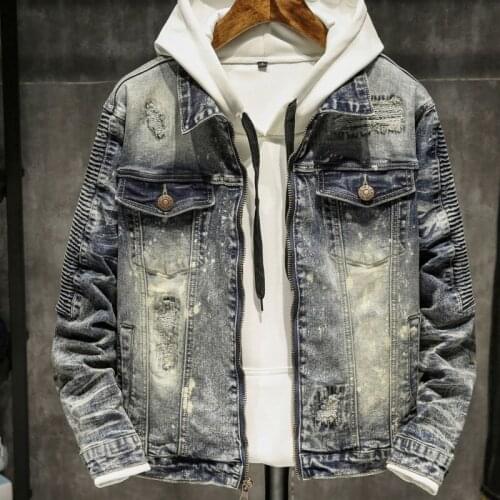 2021 Fall/winter Mens Denim Jacket Top Tide Brand Wrinkled Frayed Denim Motorcycle Jacket