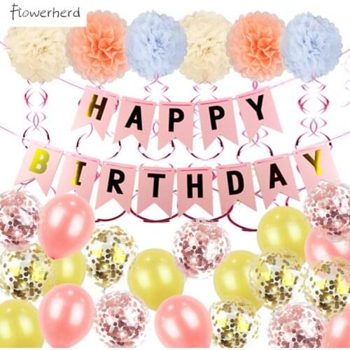 Happy Birthday Party Set Paper Flower Ball Letter Banner Birthday Party Decoration 12Inch Sequined Latex Balloon Kit Baby Shower