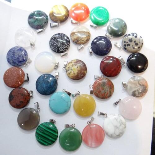 Natural Stone Quartz Crystal tiger eye Turquoises Opal Onyx Charms Round cake Pendants For diy Jewelry Making necklace 12PC