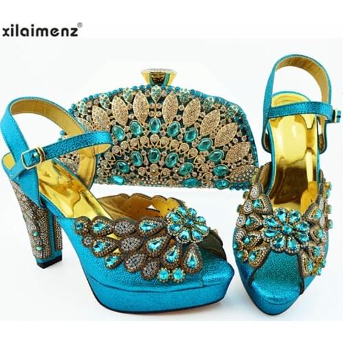 Latest New Coming Nigerian Ladies Shoes And Bag Set Italian Design Matching Shoes And Bag Set African For Party in Sky Blue