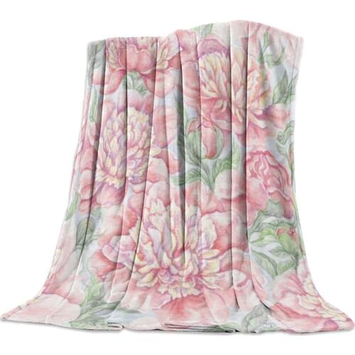 Pink Peony Flower Watercolor Painting Throw Blanket Portable Soft Sofa Blanket Warm Microfiber Flannel Blankets for Beds