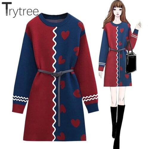 Trytree 2021 Autumn Winter Womens Dress Casual O-neck Belt Panelled Colors Love Printed Fashion Elastic Knitted Mini Dress