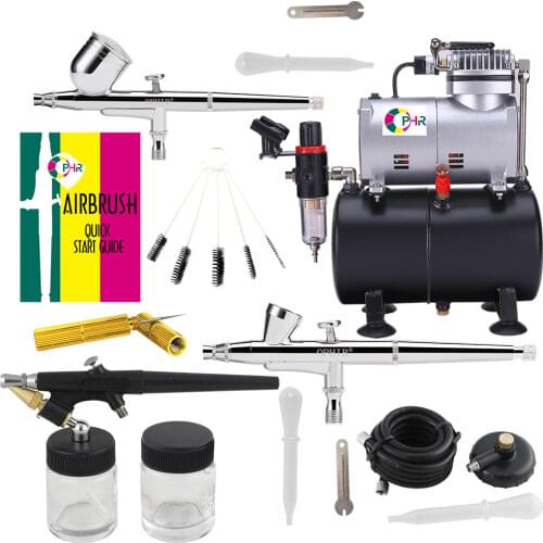 OPHIR 3-Airbrush Spray Guns Kit & Air Compressor with Tank & Cleaning Brush Needle for Model Paint Nail Art Temporary Tattoo