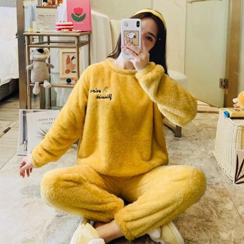 SLPBELY Thick Flanne Women Pajamas Set Lovely Flower Nightwear Homewear Sleepwear 2pcs Casual Girls Warm Home Clothing Set
