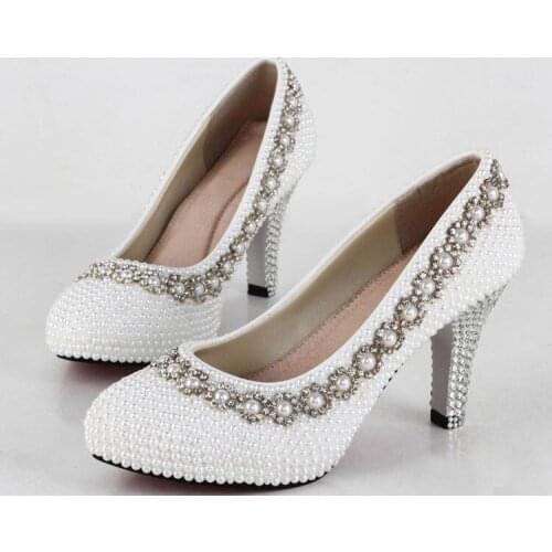 Hand-Made Bautiful Pearls Rhinestone wedding shoes for Bridal Shoes High heels Bridal Dress Shoes Popular Formal Shoes