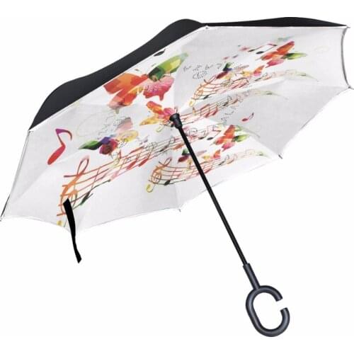 Watercolor Rainbow Butterfly Music Pattern Windproof Reverse Umbrella Double Layer Inverted Umbrella Rain Protection for Car
