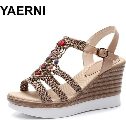 YAERNI2020 summer new hemp rope high heel platform wedge sandals with national wind weaving beaded shoes women