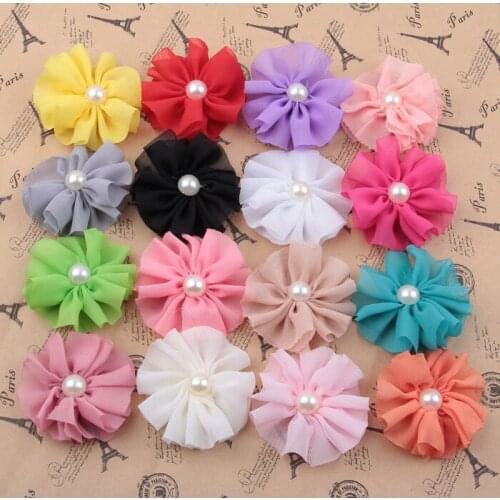 Yundfly 5pcs 6cm Ruffled Ballerina Chiffon Flower with Pearl For Hair Accessories Artificial Fabric Flowers For DIY Headband