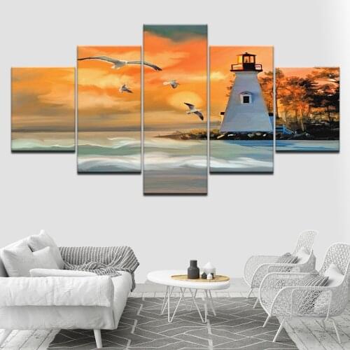 Sunset Lighthouse and Seagull 5 Piece HD Wallpapers Art Canvas Print modern Poster Modular art painting Living Room Home Decor