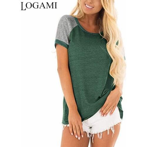 LOGAMI Short Sleeve Patchwork T Shirt for Women 2020 New Spring Summer O Neck Tshirt Female Loose Casual Top