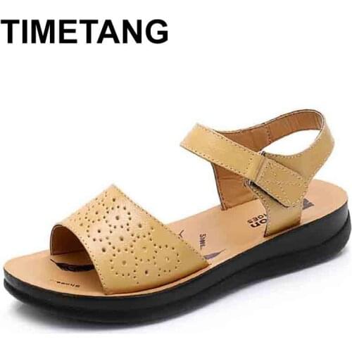 TIMETANG Buckle Mother Write Summer Slope With Leather Large Size Mother Sandals Womens Shoes Non-slip Soft Bottom Comfortable