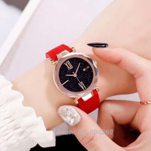 Wholesale Fashion Womens Colorful Starry Sky Rhinestone Watches Alloy Quartz Watch Simple Lazy Rose Case Leather Watches