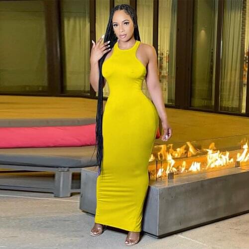 Off The Shoulder Solid Fitness Midnight Dresses Women 2021 Sexy Scoop Neck Sleeveless Vestido Elegant Clubwear Party Maxi Robe