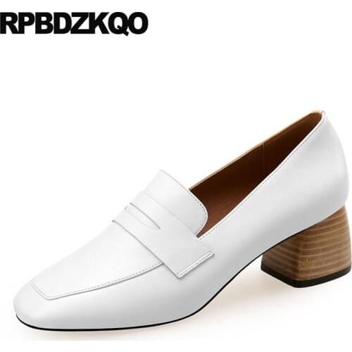 White modern 2019 office medium heels chunky brown thick designer female square toe size 4 34 black work shoes women leather new
