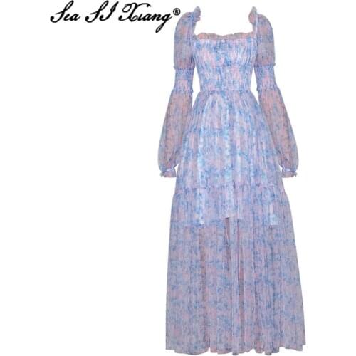 Seasixiang Fashion Designer Summer Mesh Dress Women Square Collar Lantern Sleeve Print Sexy Backless Elastic Waist Midi Dresses