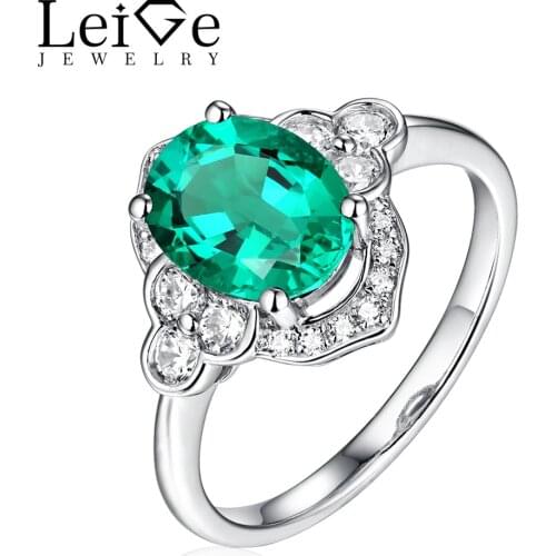 Leige Jewelry Silver Emerald Ring for Women Oval Cut Wedding Engagement Promise Ring Anniversary Christmas Gift Classic