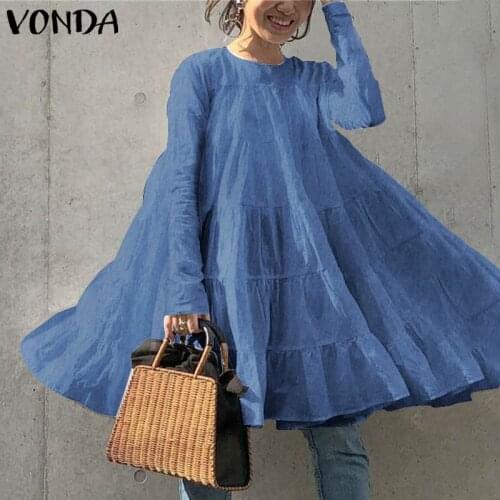 Women Demin Dress Sundress Behemian Long Sleeve Mini Dress 2021 VONDA Spring Autumn Robe Femme Vestidos S