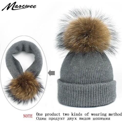 Winter Neck Scarf Skullies Beanies Hat Dual-use With Real Fur Pompon For Women Knitted Thick Warm Fashion Casual Scarf Beanies