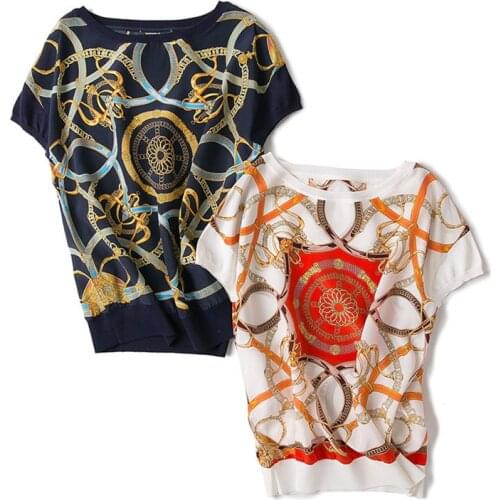 100% silk spliced women summer fashion printed slim t-shirt short sleeve orange 2color one&over size