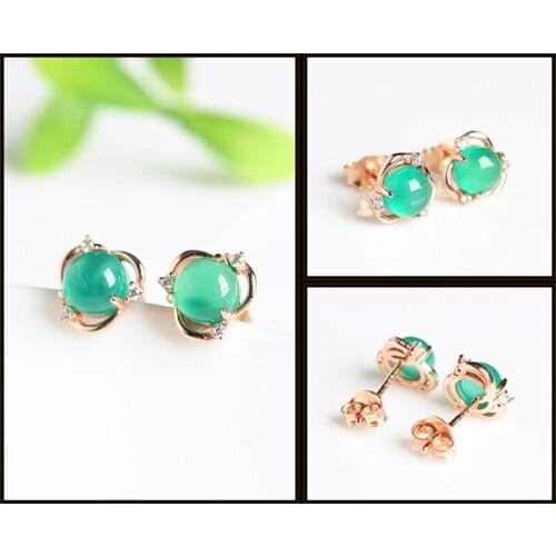 925 Silver Inlay Natural Green Chalcedony Original Flower Shaped Egg Face Earrings